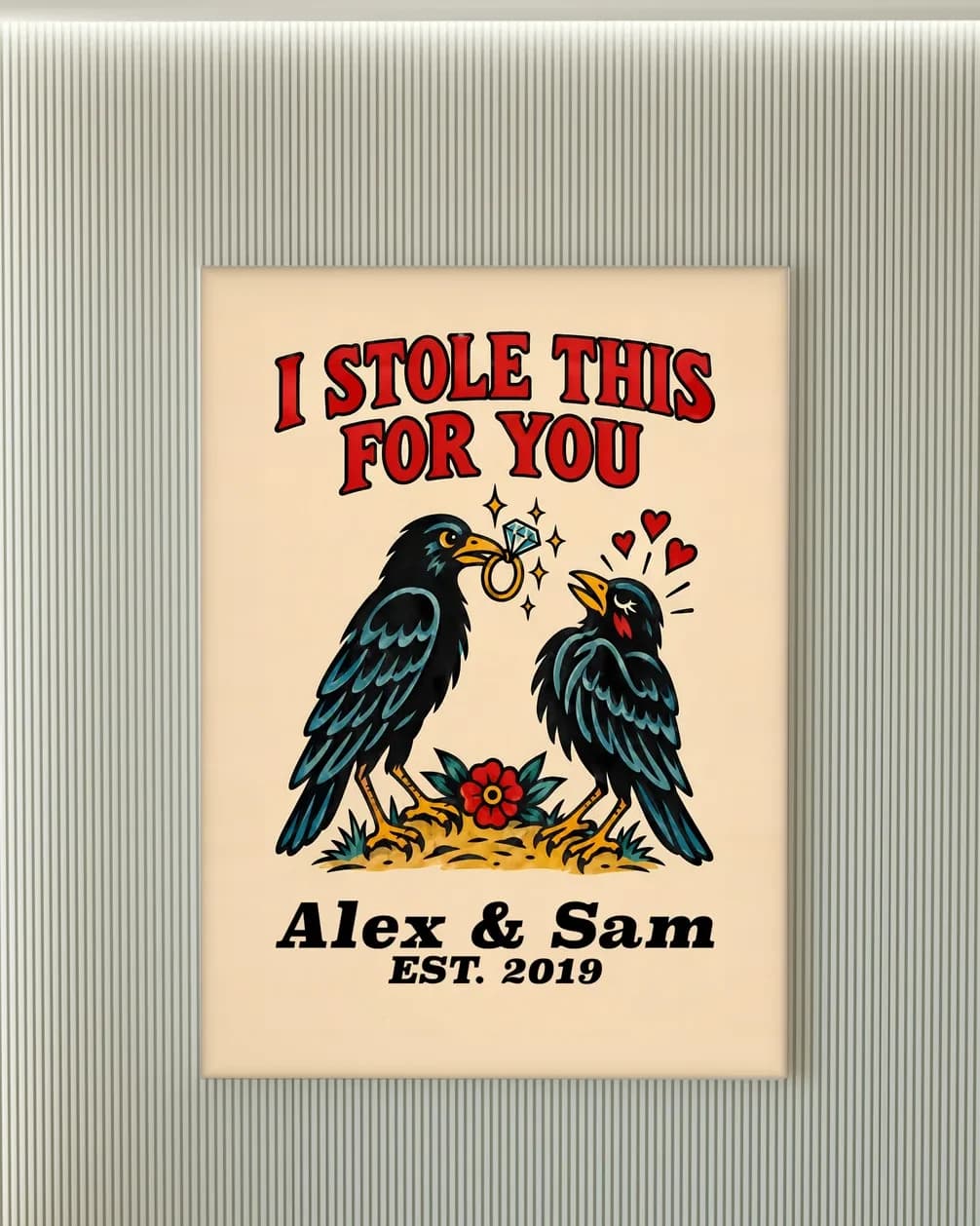 Dark humor couple print hanging in a room