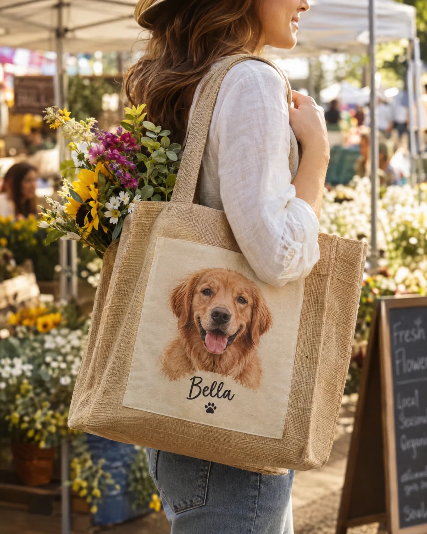 A CaptivMart jute tote with a personalized print panel